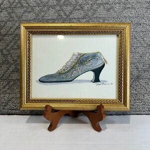 Peggy Abrams Shabby Chic Boudoir Art Vtg Shoe Print Framed 7.5"x9.5"‎